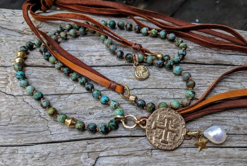 Long African Turquoise Medallion Leather Pendant Necklace