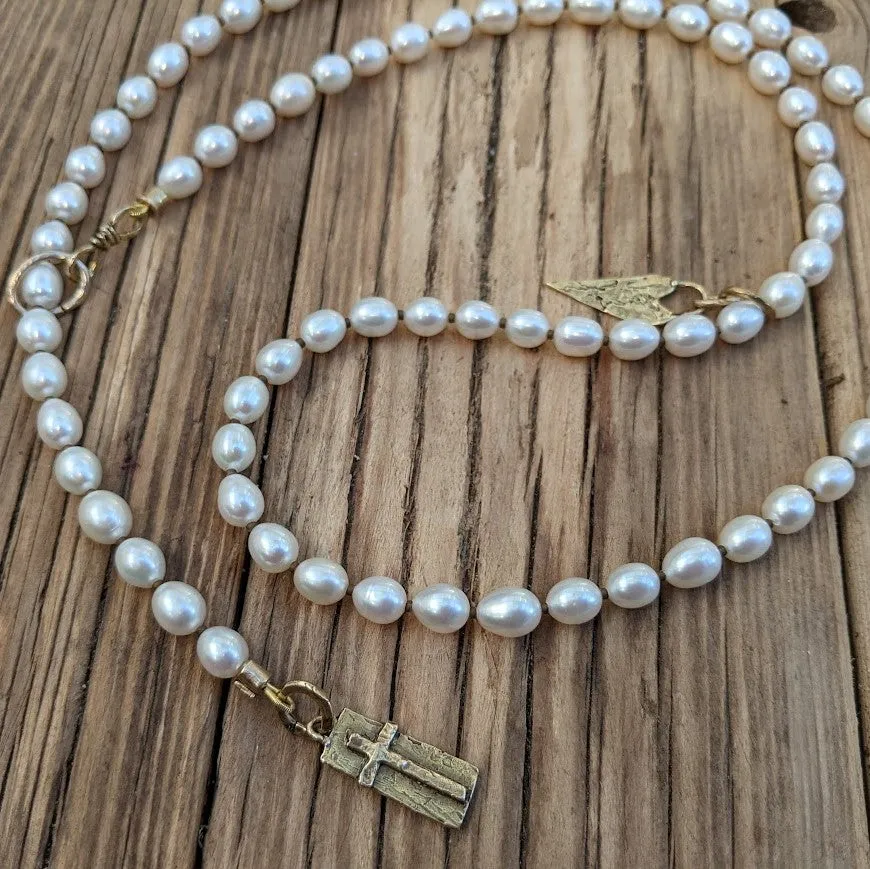 Long Pearl Necklace with Rustic Cross Pendant