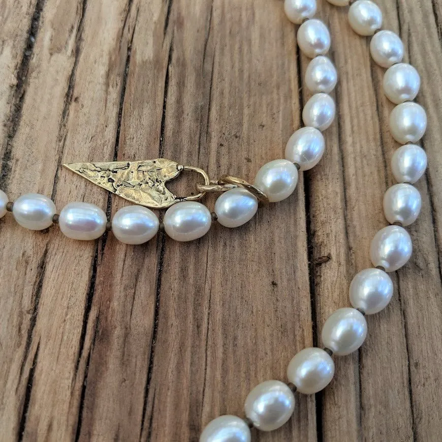 Long Pearl Necklace with Rustic Cross Pendant