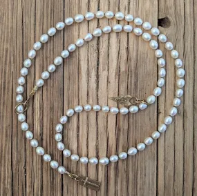 Long Pearl Necklace with Rustic Cross Pendant