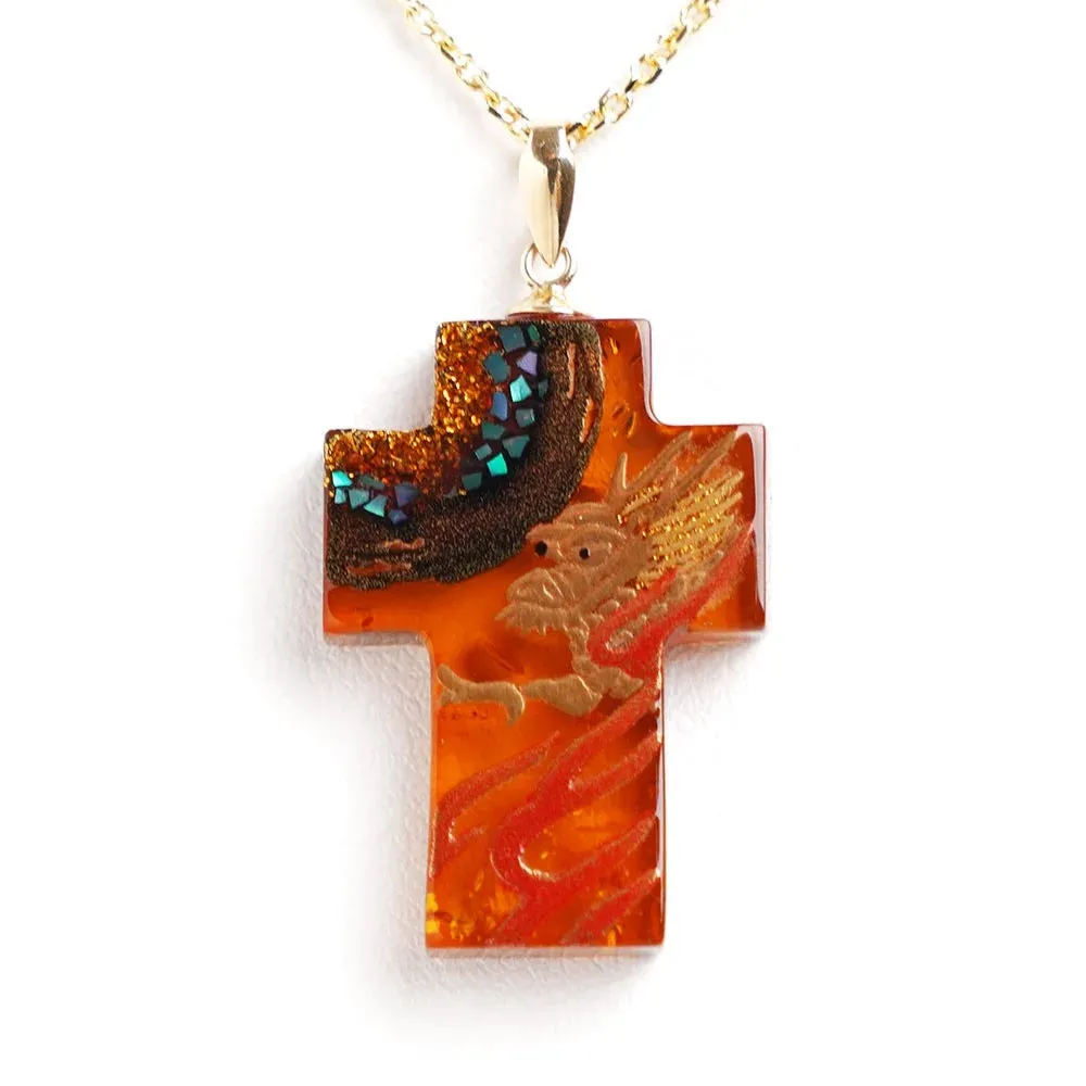 Maki-e Urushi Lacquer Cross Pendant Necklace - Amber / Dragon -, Traditional Japanese Urushi Lacquer Jewelry