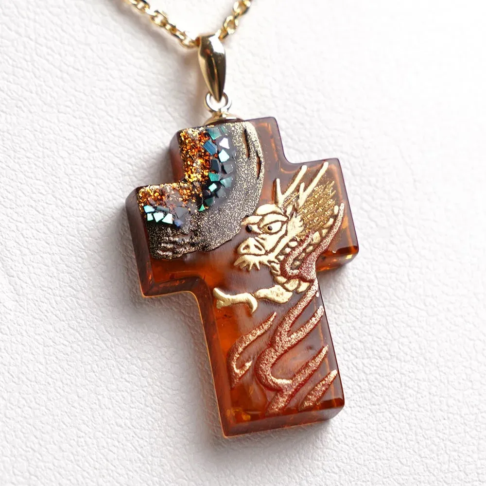 Maki-e Urushi Lacquer Cross Pendant Necklace - Amber / Dragon -, Traditional Japanese Urushi Lacquer Jewelry