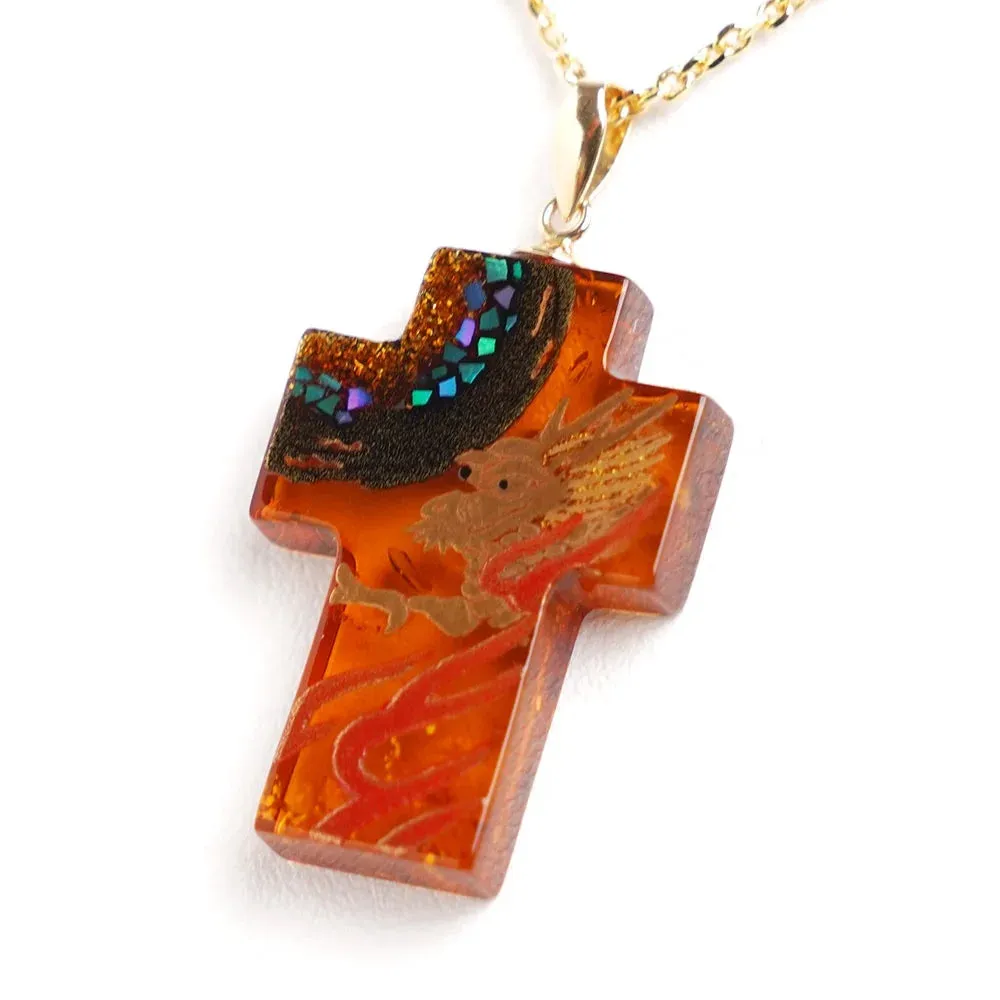 Maki-e Urushi Lacquer Cross Pendant Necklace - Amber / Dragon -, Traditional Japanese Urushi Lacquer Jewelry