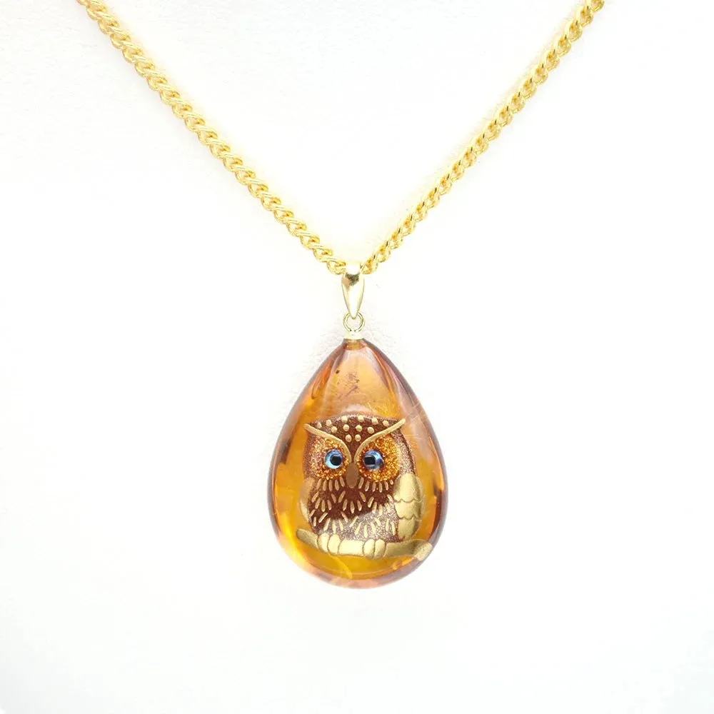 Maki-e Urushi Lacquer Pendant Necklace - Amber / Owl -, Traditional Japanese Urushi Lacquer Jewelry