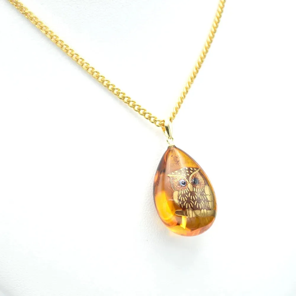 Maki-e Urushi Lacquer Pendant Necklace - Amber / Owl -, Traditional Japanese Urushi Lacquer Jewelry