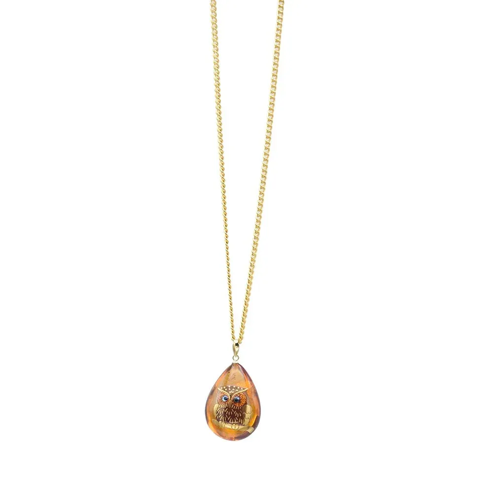 Maki-e Urushi Lacquer Pendant Necklace - Amber / Owl -, Traditional Japanese Urushi Lacquer Jewelry