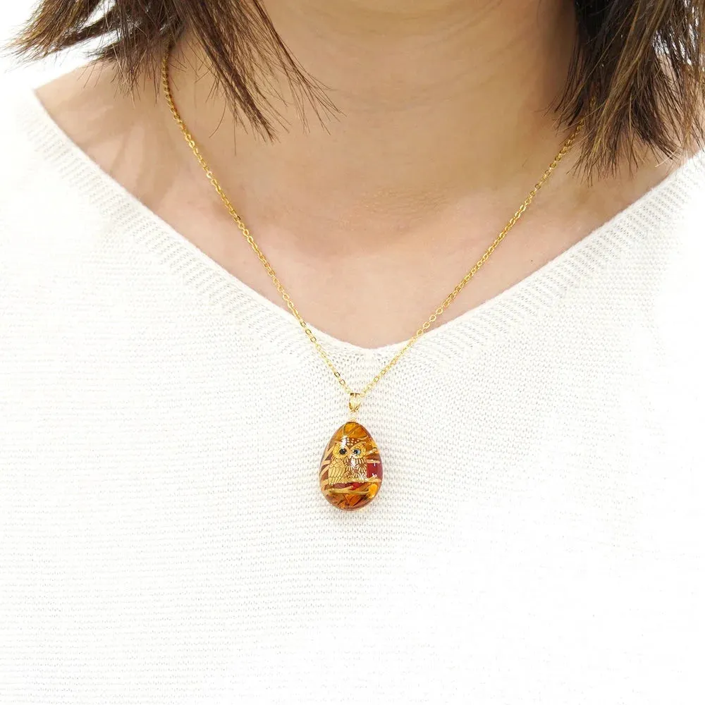 Maki-e Urushi Lacquer Pendant Necklace - Amber / Owl -, Traditional Japanese Urushi Lacquer Jewelry