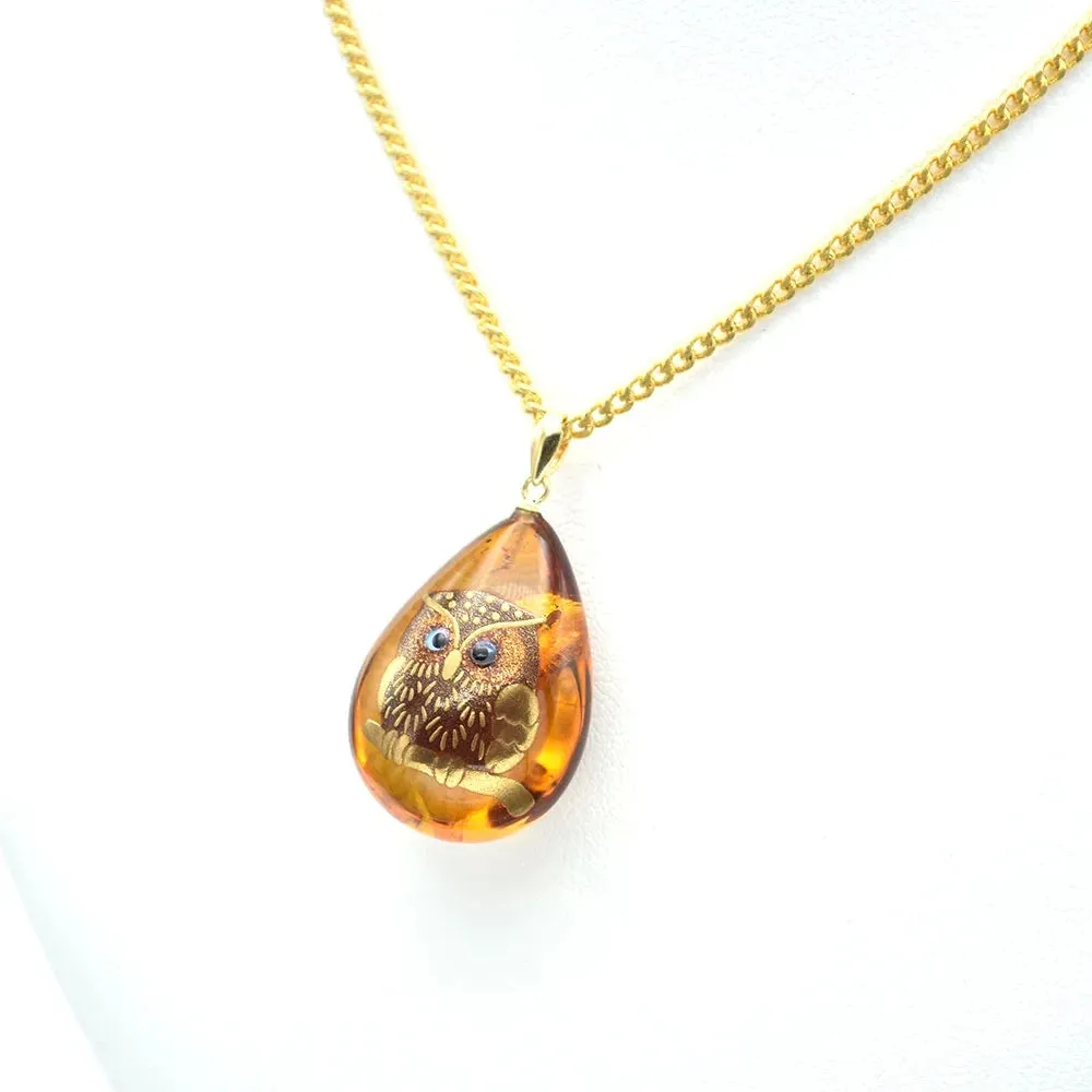 Maki-e Urushi Lacquer Pendant Necklace - Amber / Owl -, Traditional Japanese Urushi Lacquer Jewelry