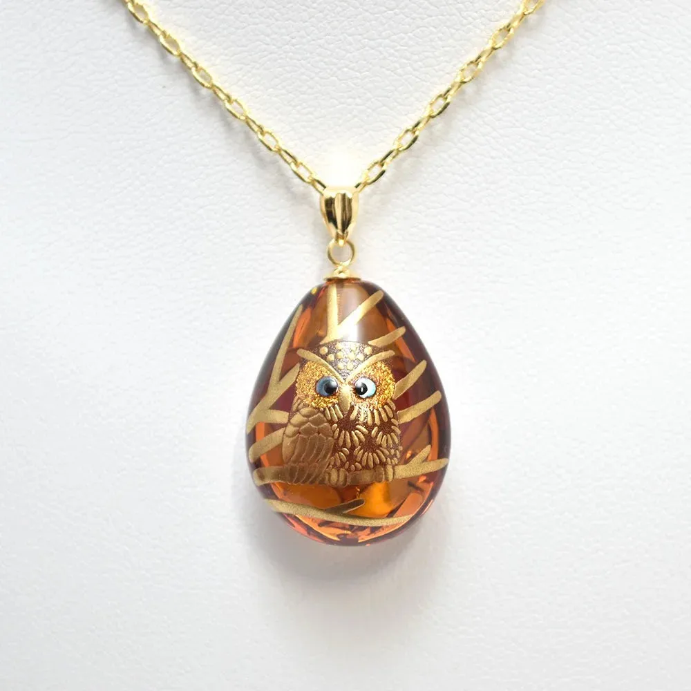 Maki-e Urushi Lacquer Reversible Pendant Necklace - Amber / Owl and Heart -, Traditional Japanese Urushi Lacquer Jewelry