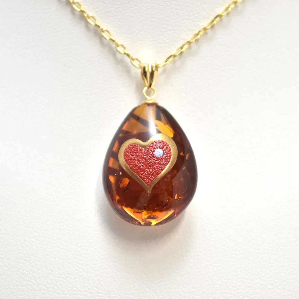 Maki-e Urushi Lacquer Reversible Pendant Necklace - Amber / Owl and Heart -, Traditional Japanese Urushi Lacquer Jewelry