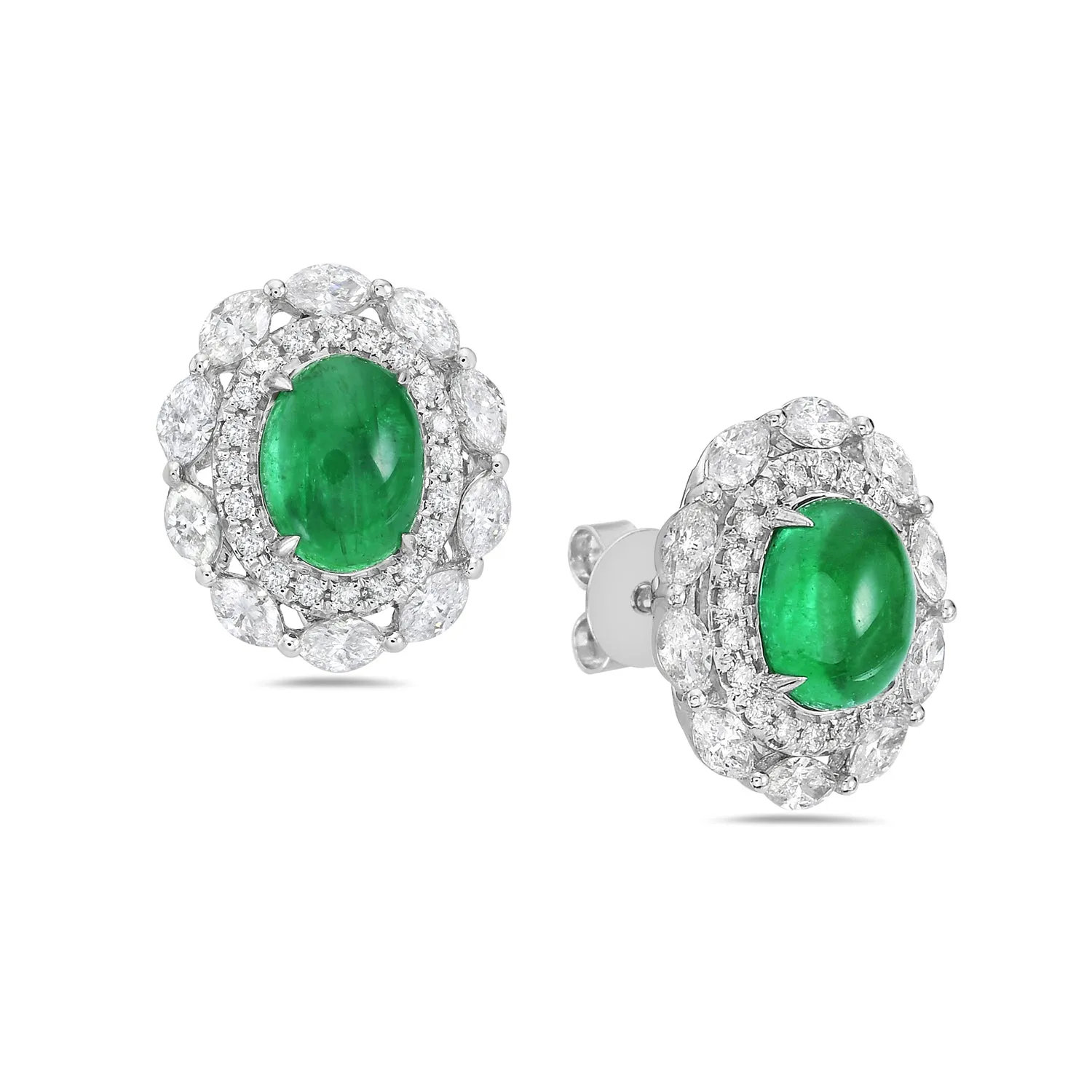 Marquise Diamond Emerald Oval Halo Stud Earrings In White Gold