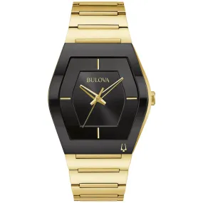 MEN'S GOLD-TONE STEEL BULOVA GEMINI WATCH WITH BLACK DIAL