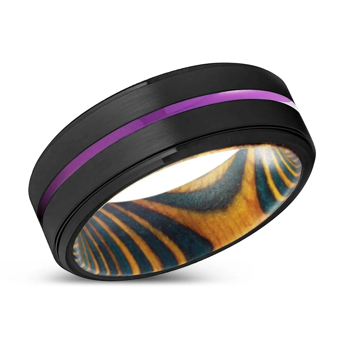 MILDURA | Green & Yellow Wood, Black Tungsten Ring, Purple Groove, Stepped Edge