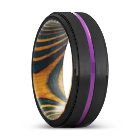 MILDURA | Green & Yellow Wood, Black Tungsten Ring, Purple Groove, Stepped Edge