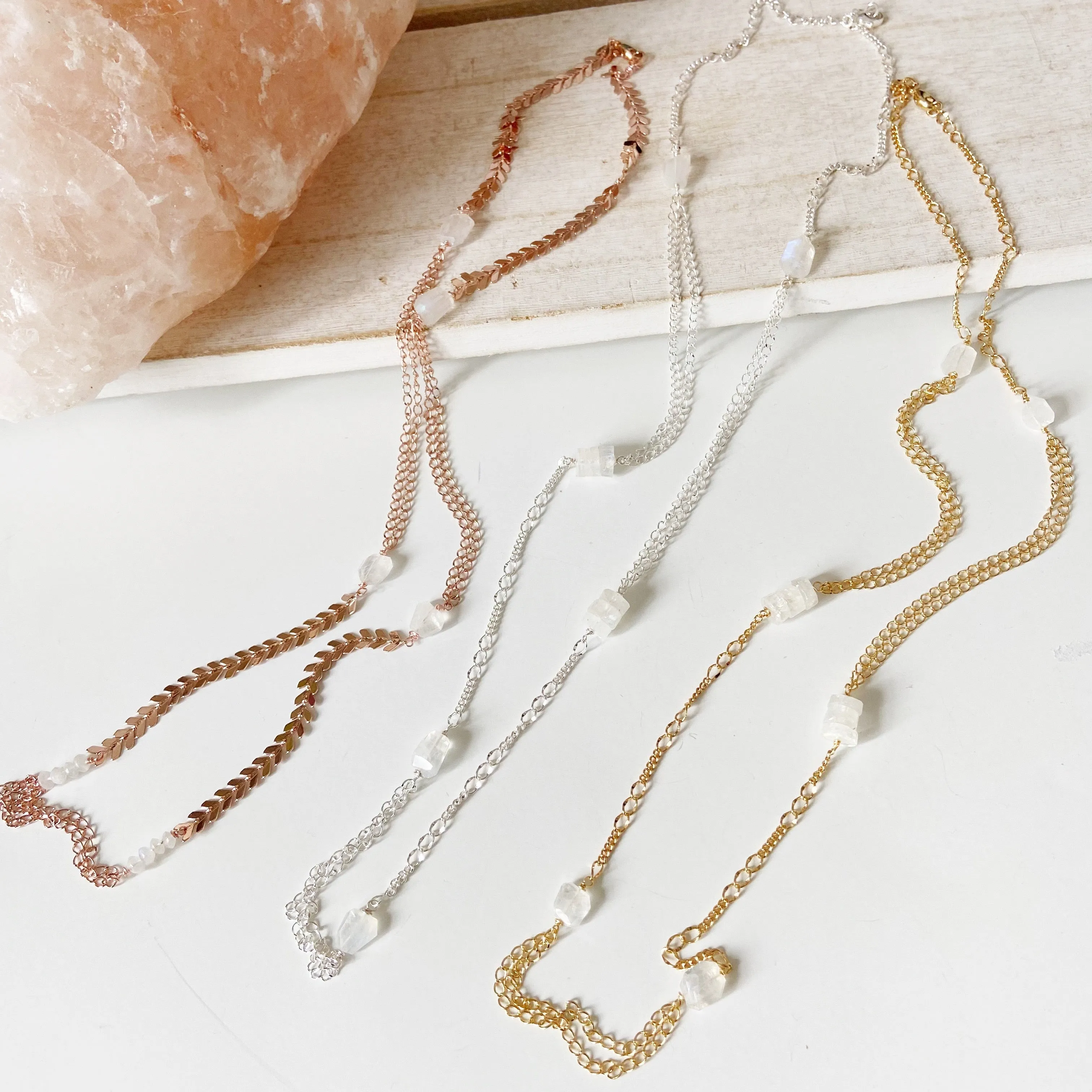 Mixed Chain Moonstone Long Necklace in Gold, Silver, or Rose Gold (31 inches)