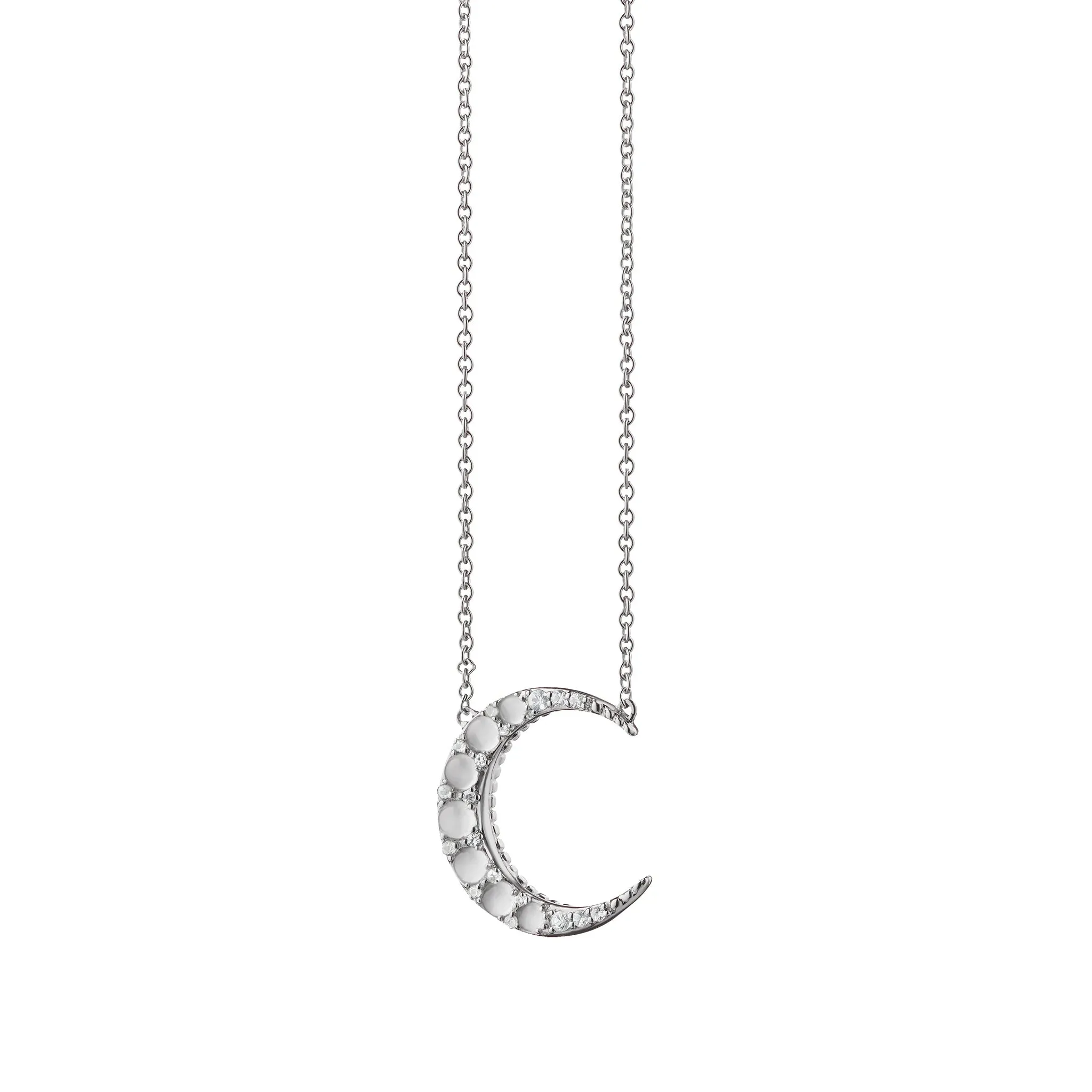 Monica Rich Kosann Moonstone Midi Crescent Moon Necklace in Sterling Silver with Sapphires