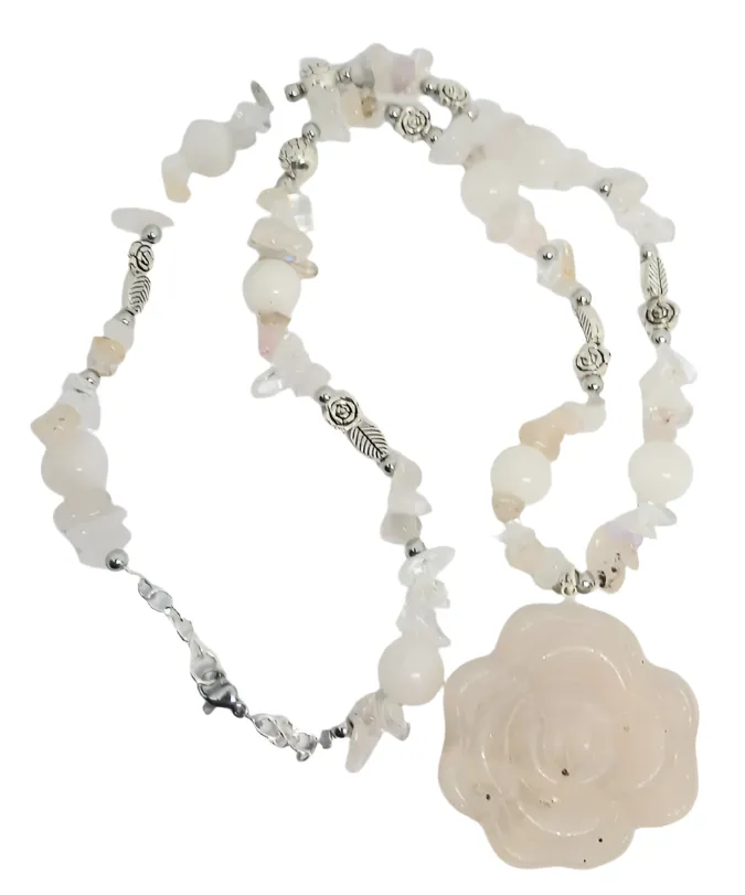 Moonstone Crystal Rose Pendant Necklace