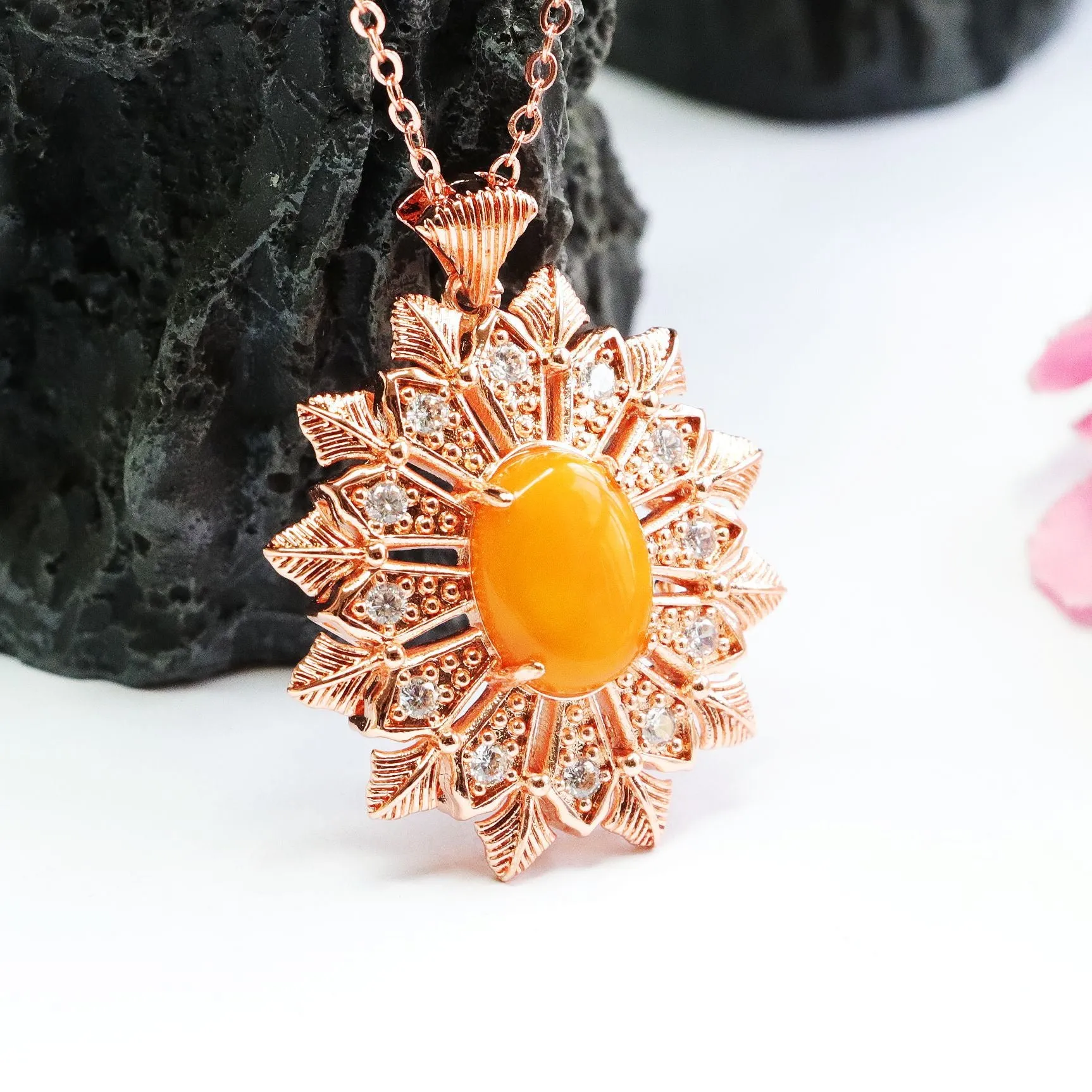 Natural Amber Snowflake Pendant with Beeswax and Zircon Accent Necklace