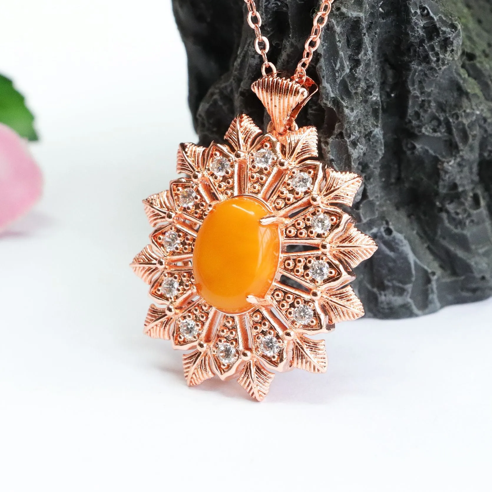 Natural Amber Snowflake Pendant with Beeswax and Zircon Accent Necklace