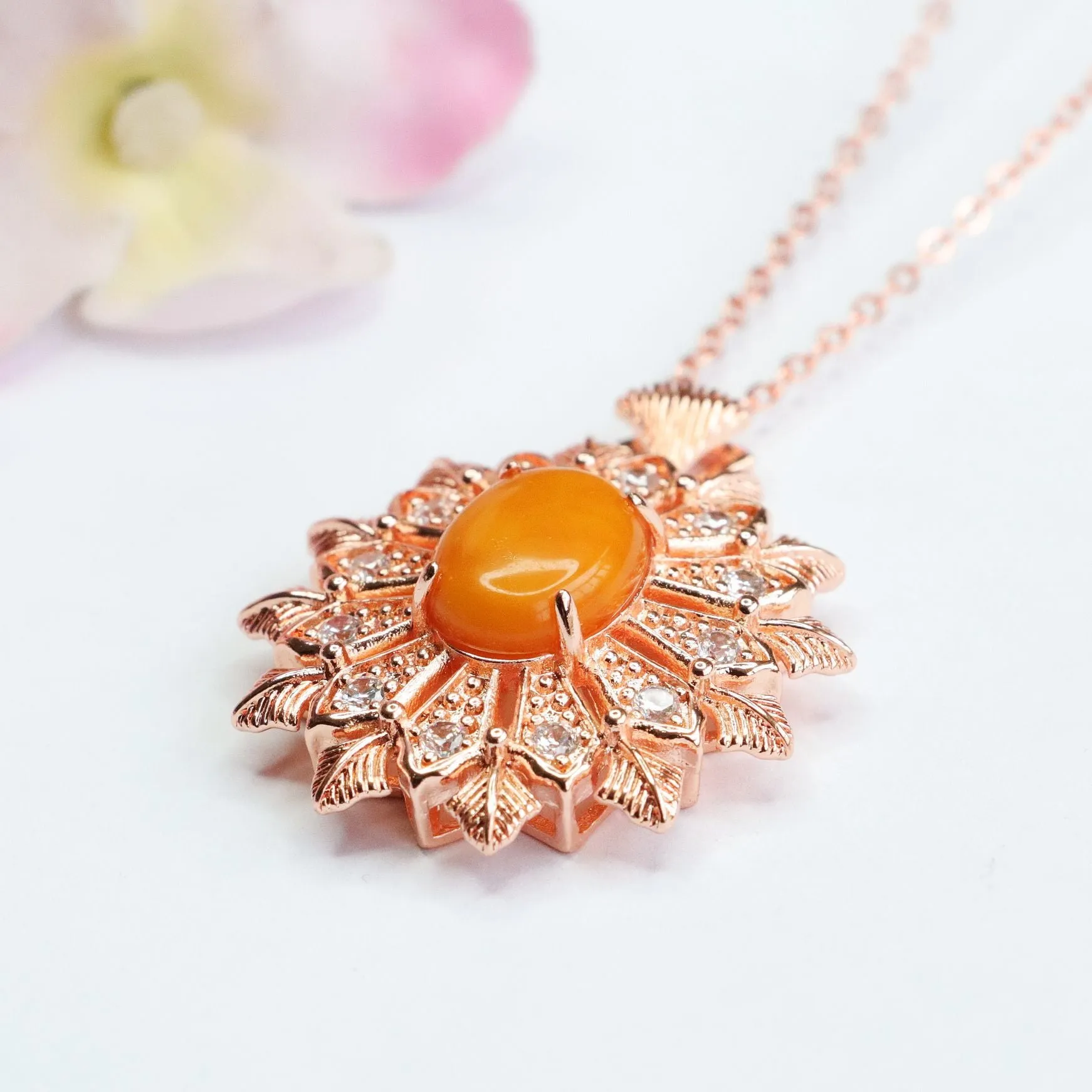 Natural Amber Snowflake Pendant with Beeswax and Zircon Accent Necklace