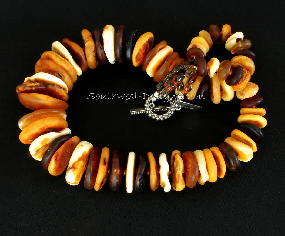 Natural Baltic Amber Multi-Hued Disc Necklace with Amber Nuggets, Horn Bead Rondelles and Sterling Silver