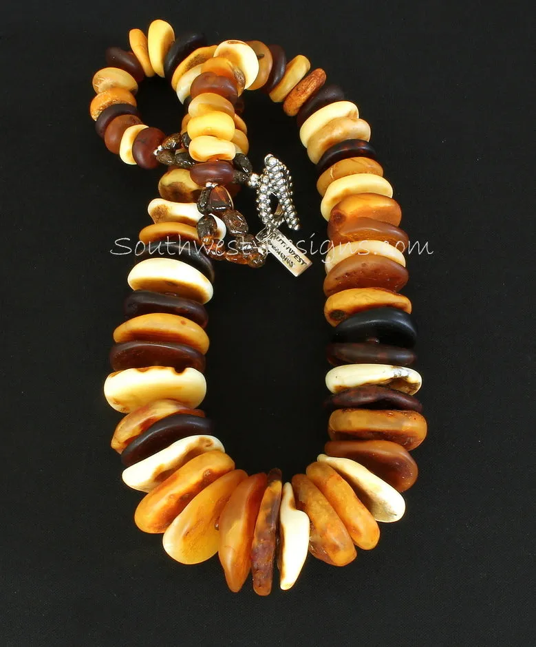 Natural Baltic Amber Multi-Hued Disc Necklace with Amber Nuggets, Horn Bead Rondelles and Sterling Silver