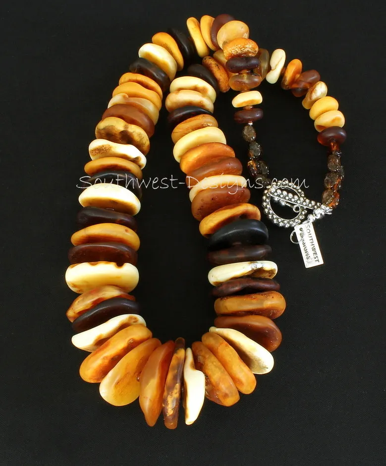 Natural Baltic Amber Multi-Hued Disc Necklace with Amber Nuggets, Horn Bead Rondelles and Sterling Silver