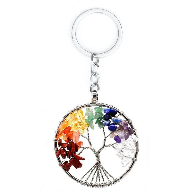 Natural Crystal Stone 7 Chakra Round Tree of Life Pendant Keychains Key Ring Key Holder