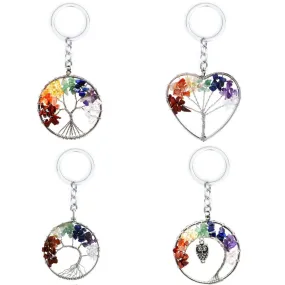 Natural Crystal Stone 7 Chakra Round Tree of Life Pendant Keychains Key Ring Key Holder