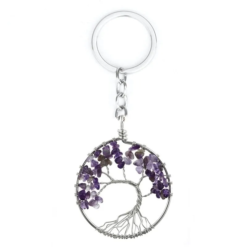 Natural Crystal Stone 7 Chakra Round Tree of Life Pendant Keychains Key Ring Key Holder