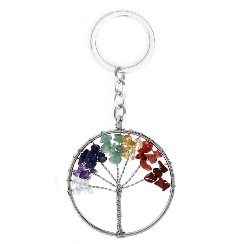 Natural Crystal Stone 7 Chakra Round Tree of Life Pendant Keychains Key Ring Key Holder