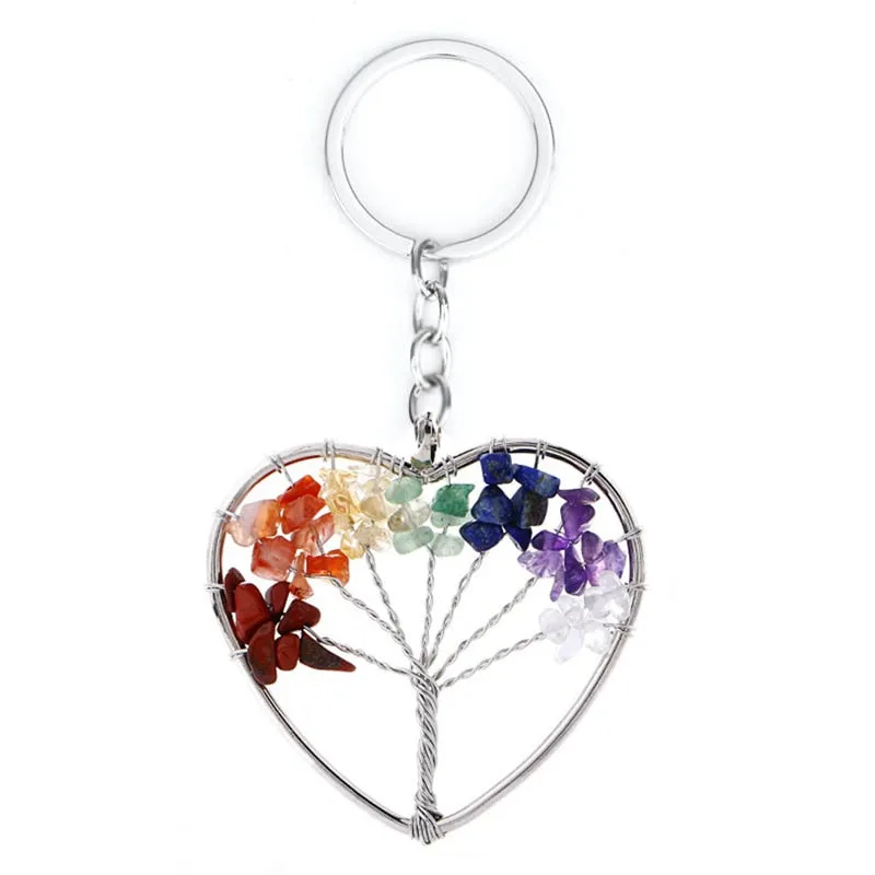 Natural Crystal Stone 7 Chakra Round Tree of Life Pendant Keychains Key Ring Key Holder