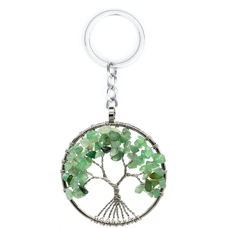 Natural Crystal Stone 7 Chakra Round Tree of Life Pendant Keychains Key Ring Key Holder