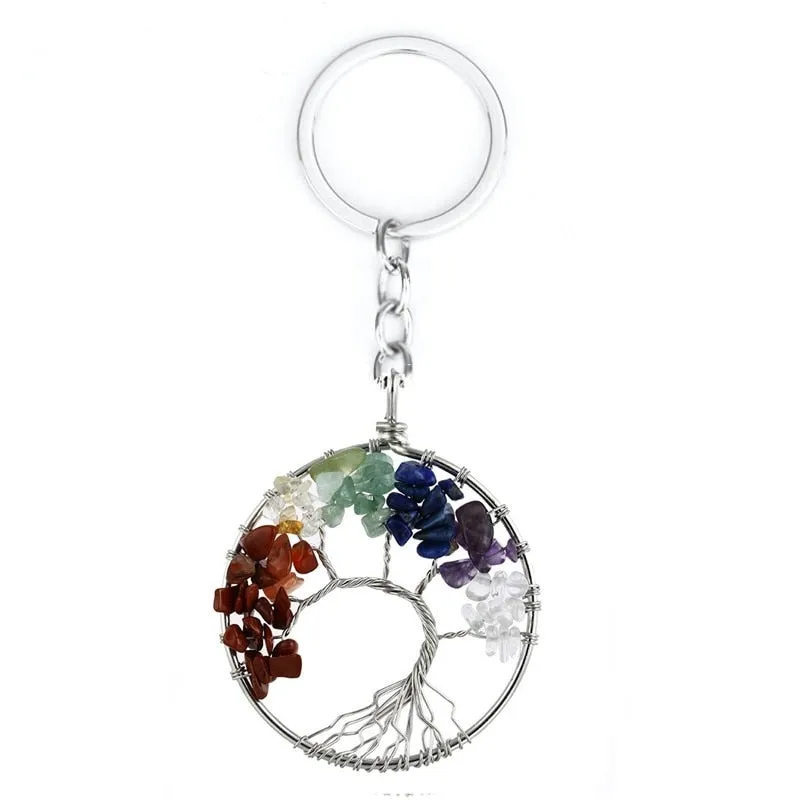 Natural Crystal Stone 7 Chakra Round Tree of Life Pendant Keychains Key Ring Key Holder