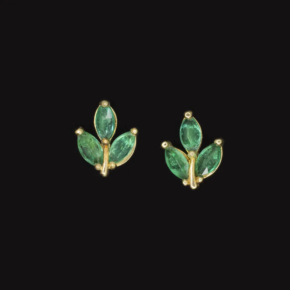 NATURAL EMERALD 18k YELLOW GOLD STUD EARRINGS GREEN MARQUISE LEAF SPROUT PLANT