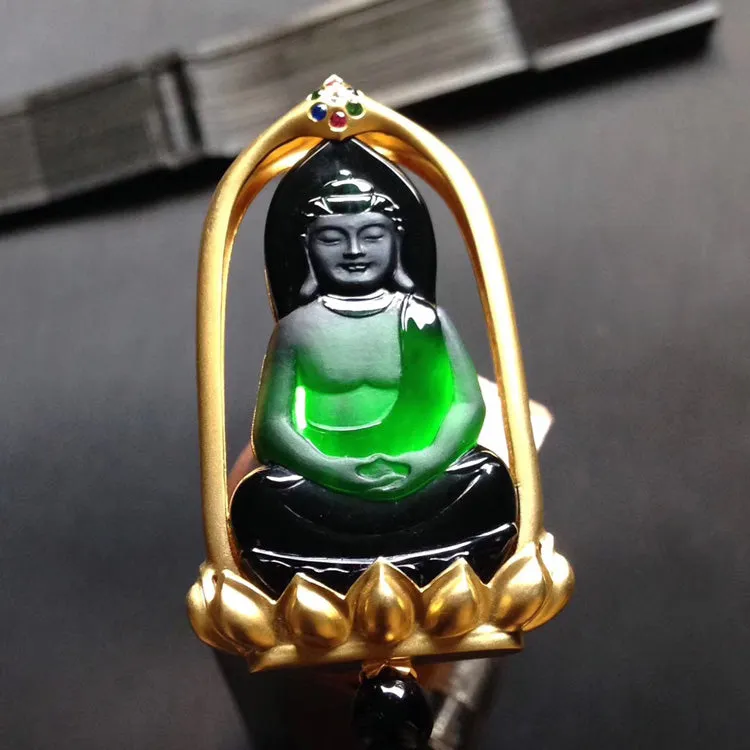 Natural Jade Pendant Jadeite Gold Buddha Pendant PT373