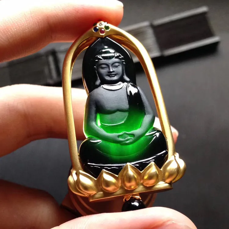 Natural Jade Pendant Jadeite Gold Buddha Pendant PT373