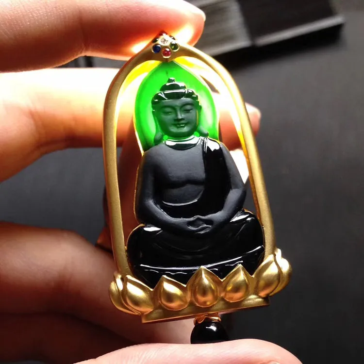 Natural Jade Pendant Jadeite Gold Buddha Pendant PT373