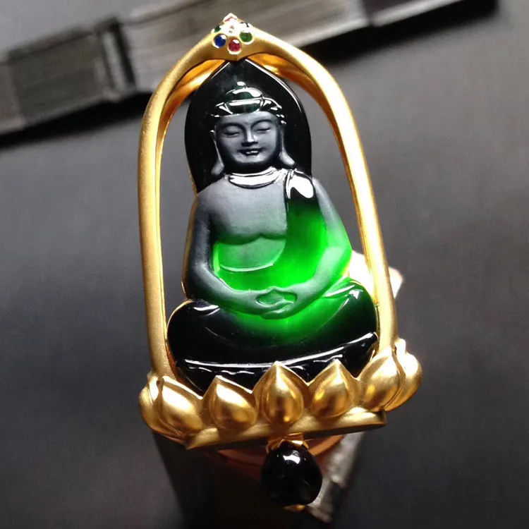 Natural Jade Pendant Jadeite Gold Buddha Pendant PT373