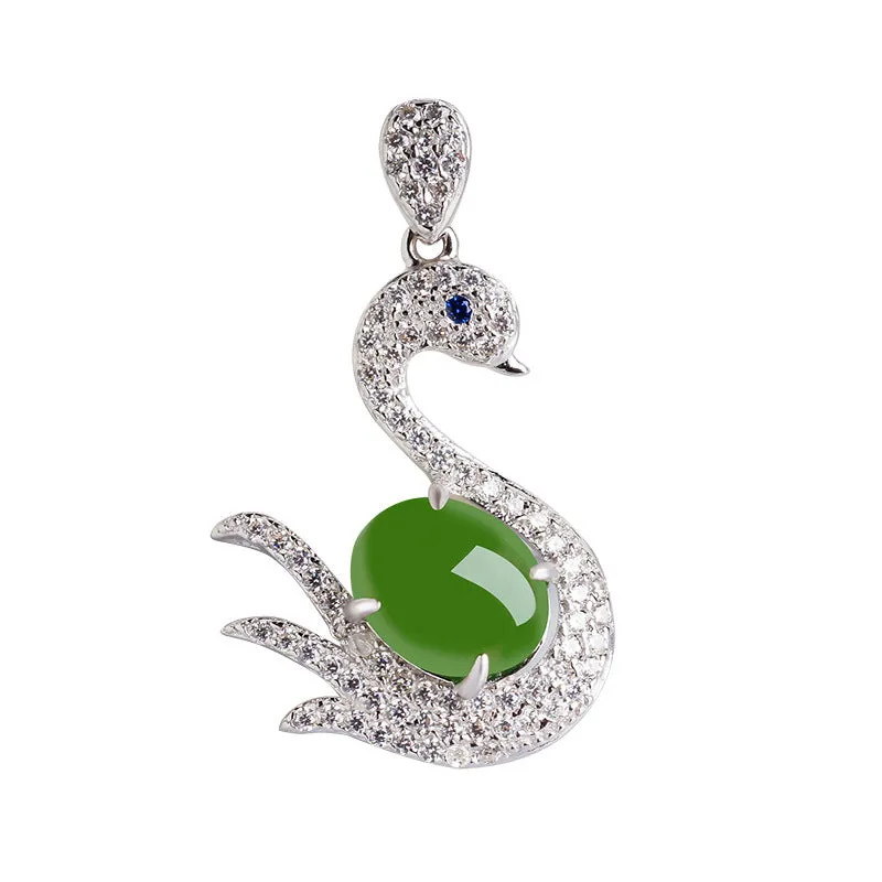 Natural Jade Pendant Nephrite Silver Zircon Swan Pendant ZPT166