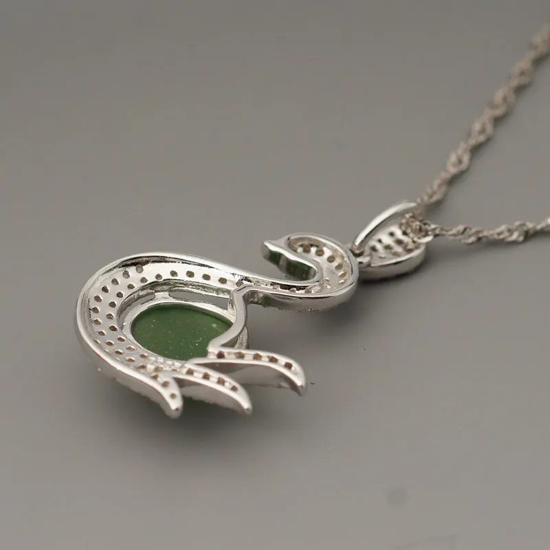 Natural Jade Pendant Nephrite Silver Zircon Swan Pendant ZPT166