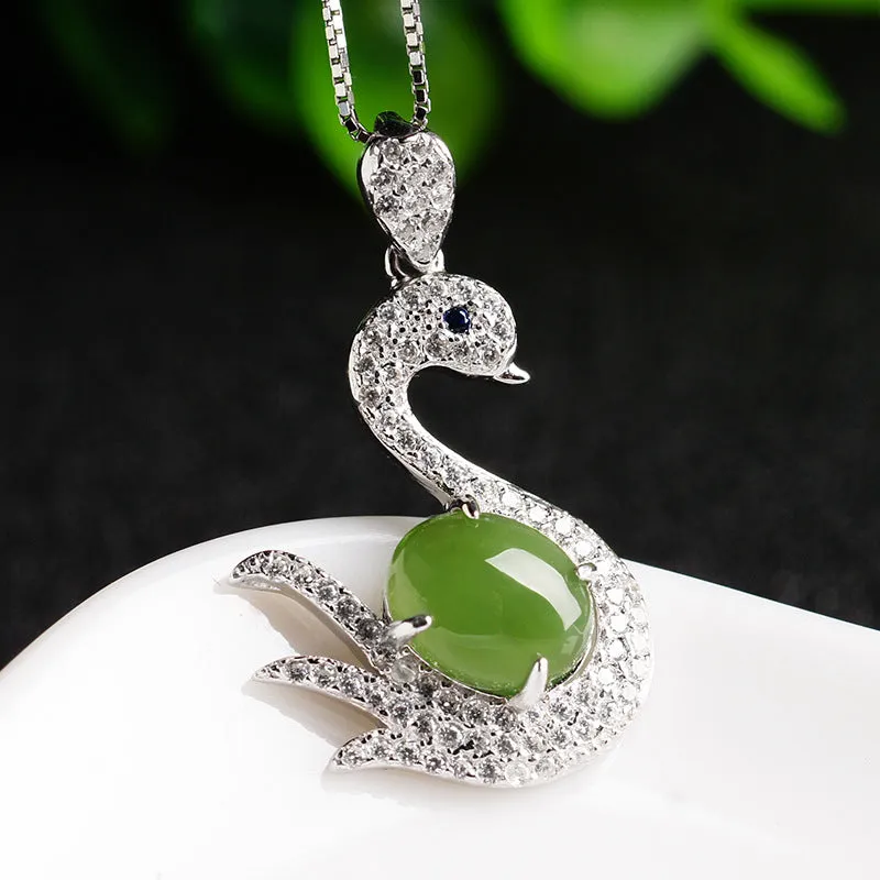 Natural Jade Pendant Nephrite Silver Zircon Swan Pendant ZPT166