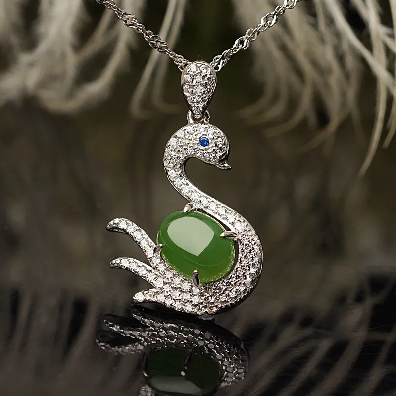 Natural Jade Pendant Nephrite Silver Zircon Swan Pendant ZPT166