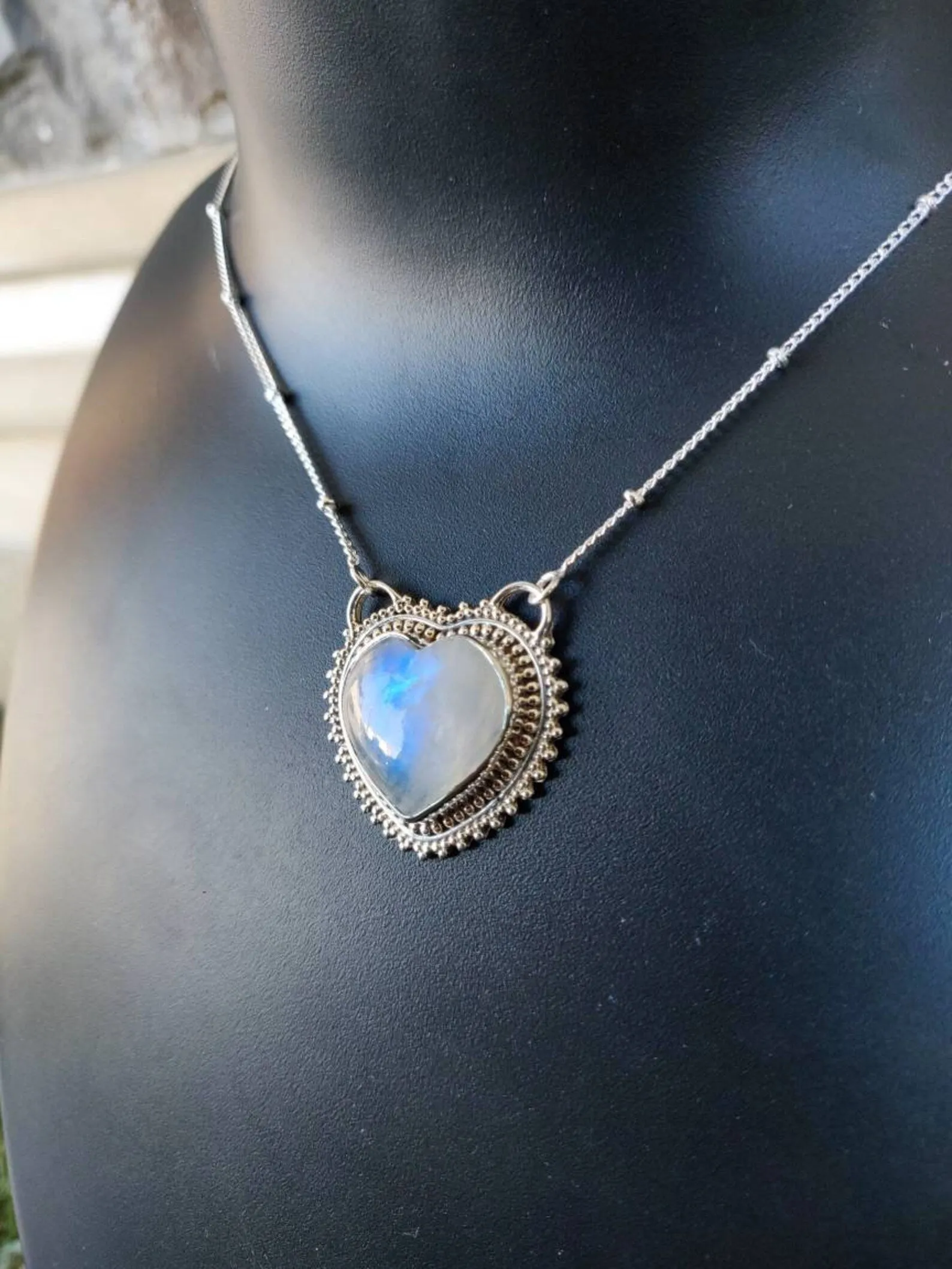 Natural Large Heart Cut Rainbow Moonstone Southwestern Style Necklace - 925 Solid Sterling Silver Necklace