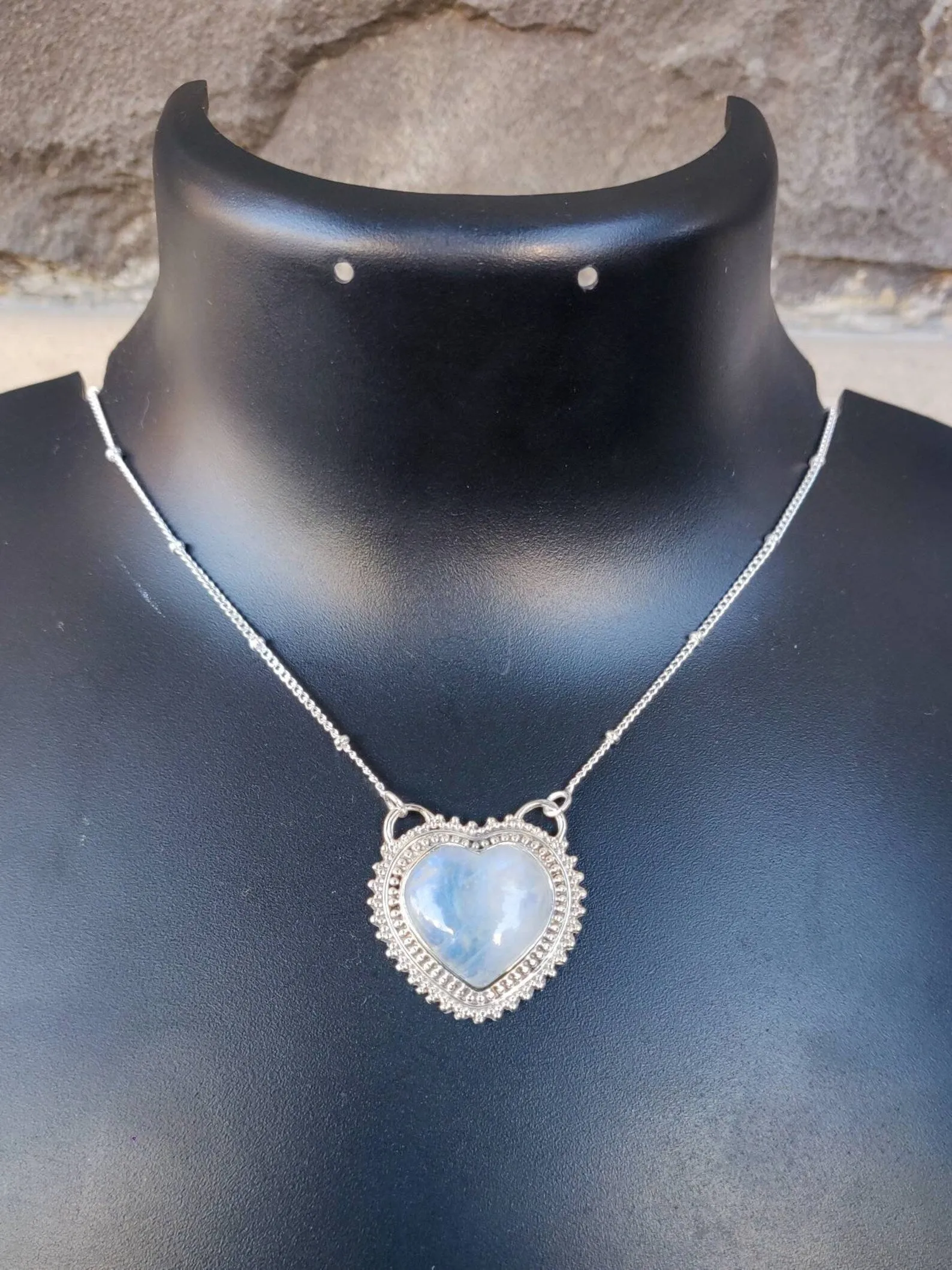 Natural Large Heart Cut Rainbow Moonstone Southwestern Style Necklace - 925 Solid Sterling Silver Necklace