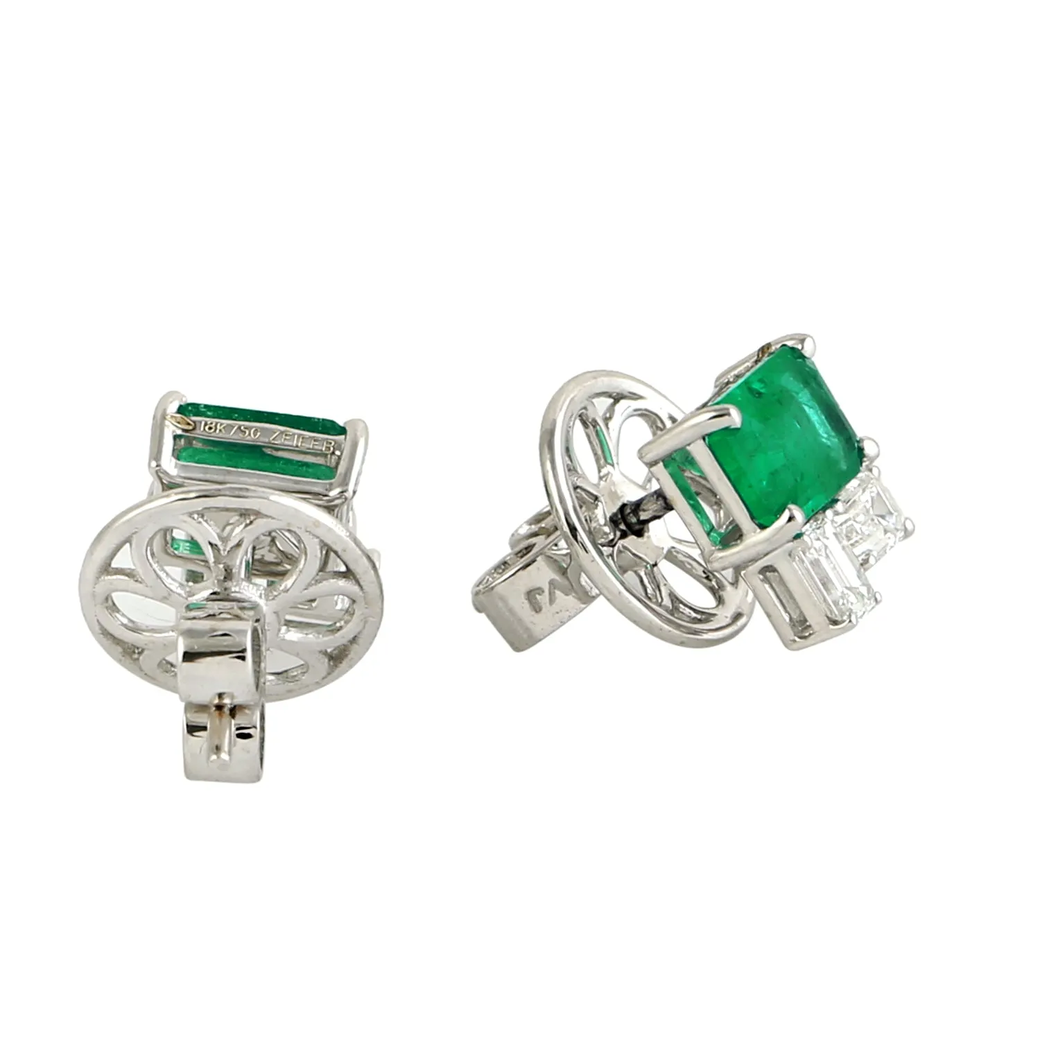 Natural Octagon Emerald Baguette Diamond 18K White Gold Designer Earrings Jewelry