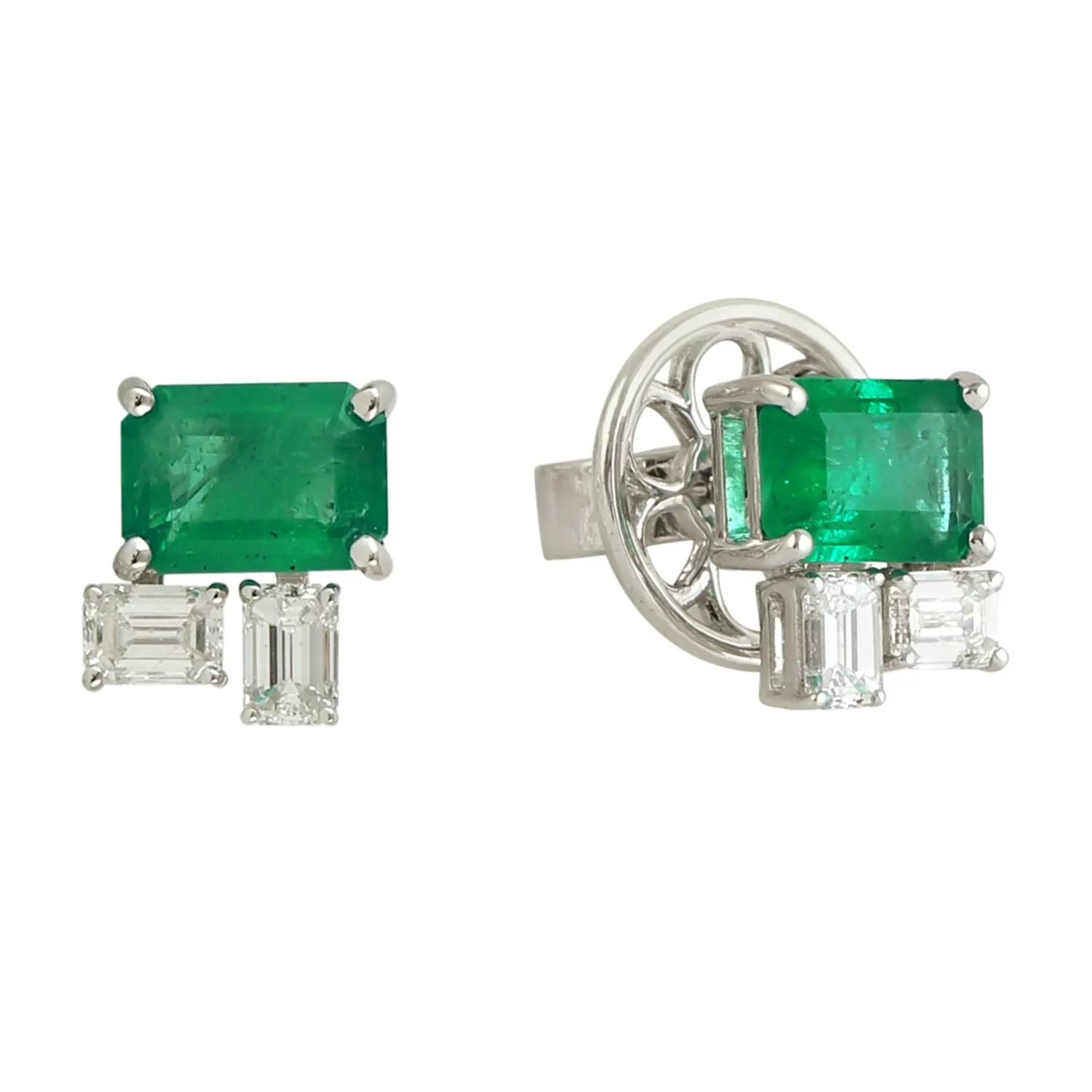 Natural Octagon Emerald Baguette Diamond 18K White Gold Designer Earrings Jewelry