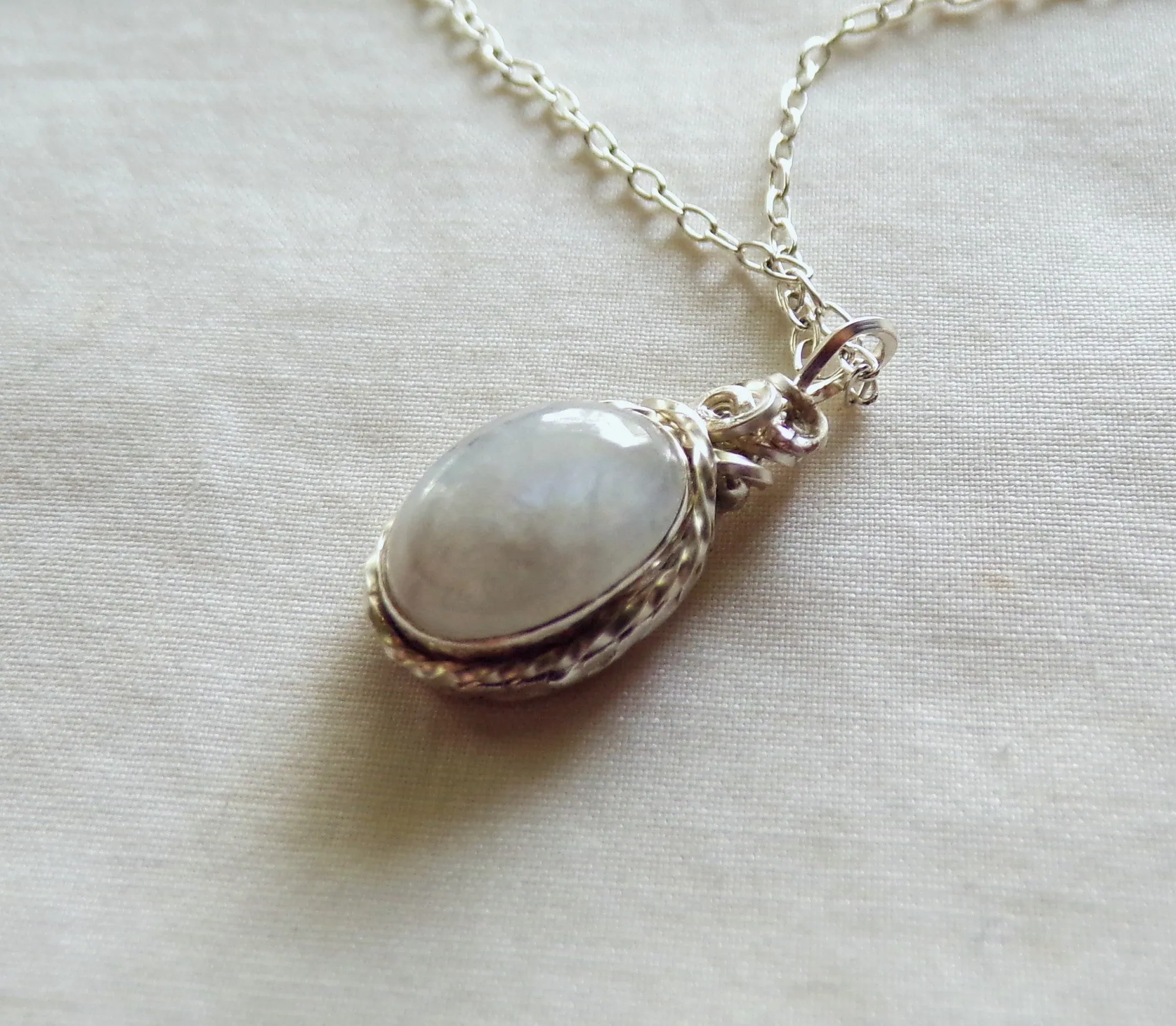 Natural Rainbow Moonstone Silver Wrapped Pendant Necklace