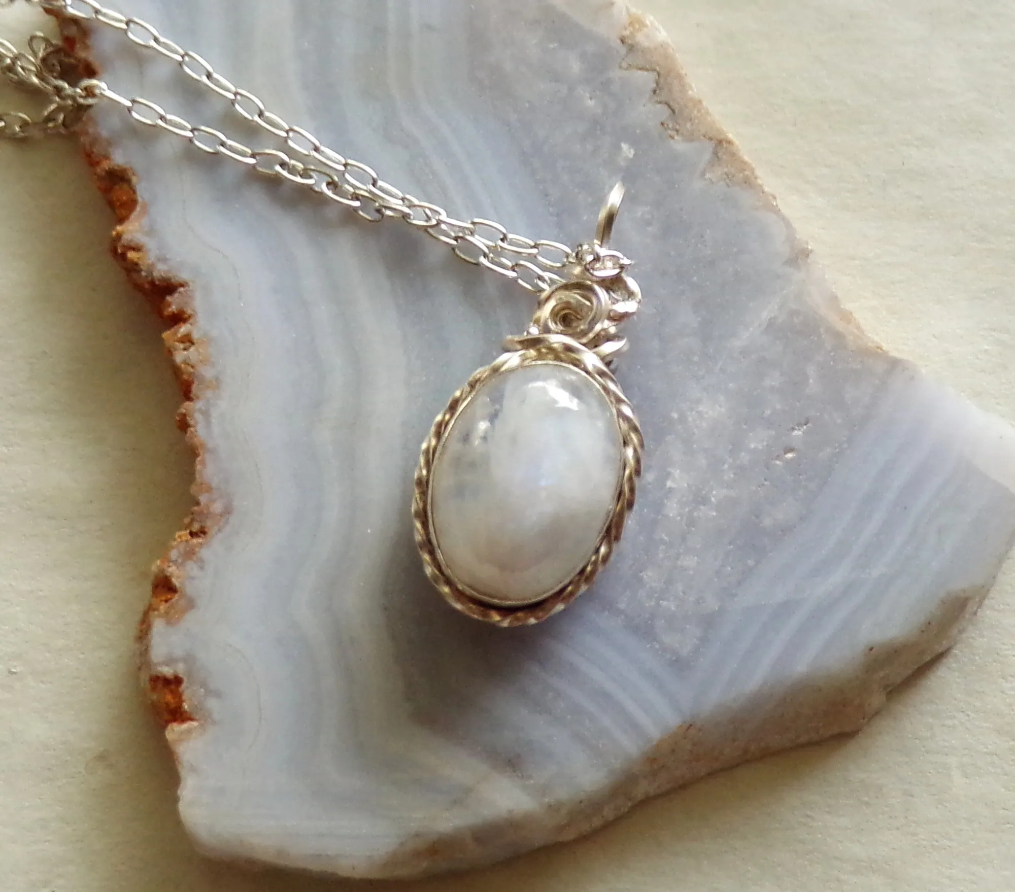 Natural Rainbow Moonstone Silver Wrapped Pendant Necklace