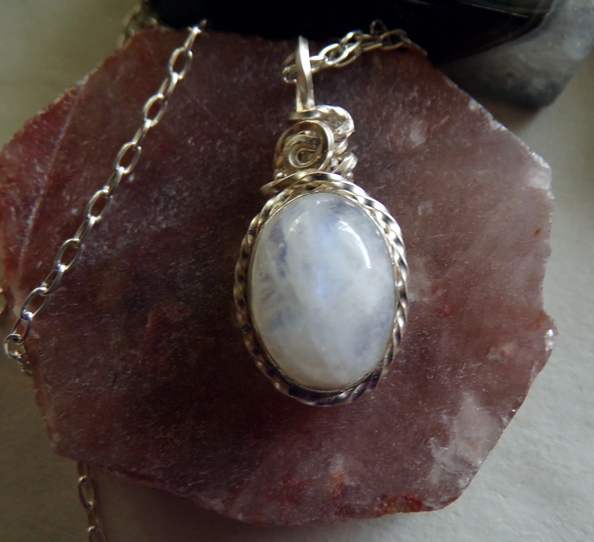 Natural Rainbow Moonstone Silver Wrapped Pendant Necklace